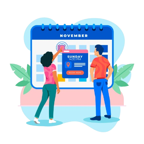 Two people scheduling an event on a digital calendar.