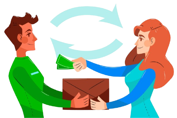 A woman hands money to a man in exchange for a package.