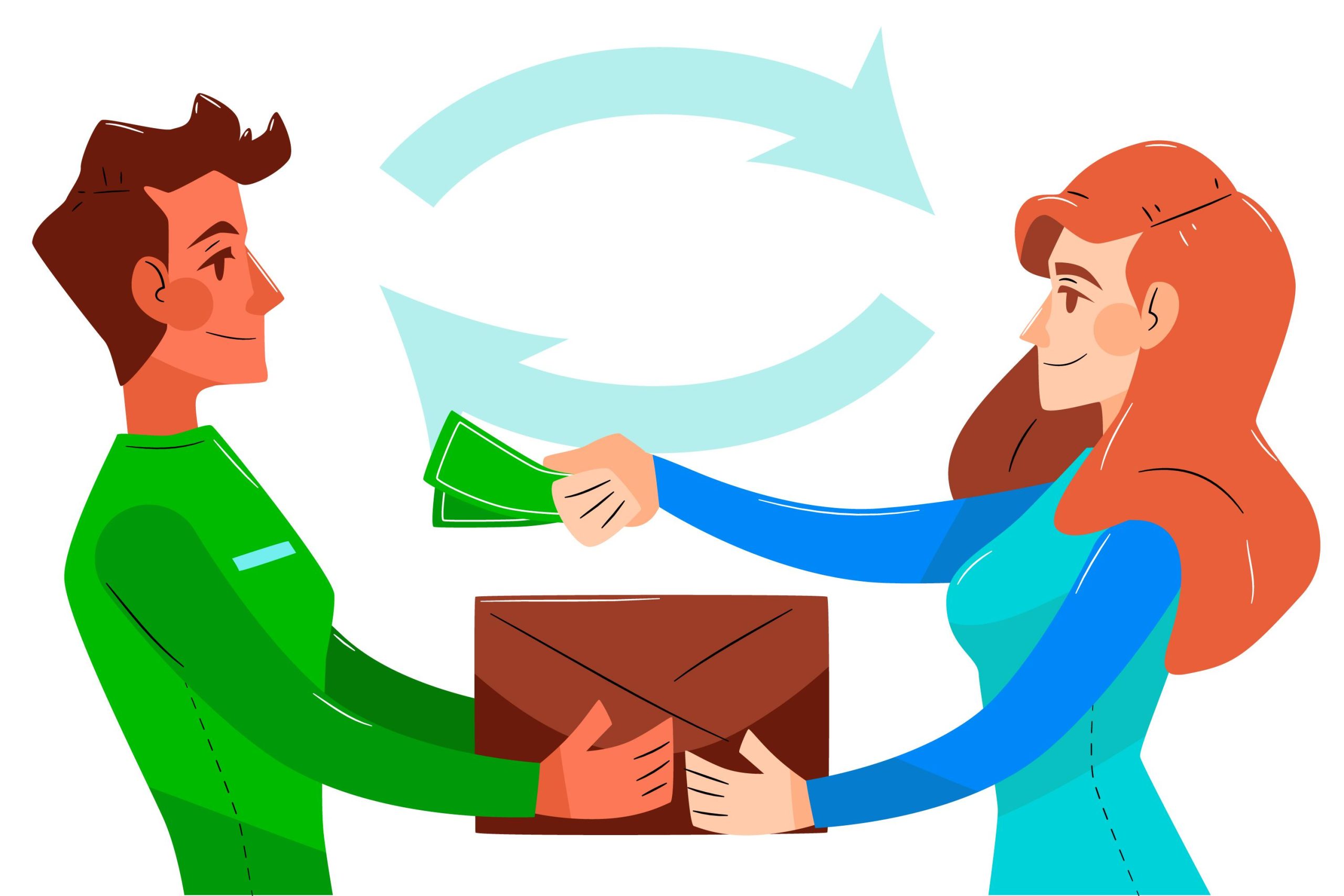 A woman hands money to a man in exchange for a package - Middlesex Cash Homes