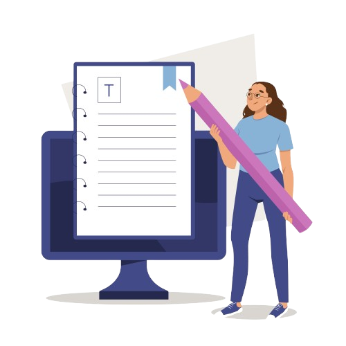 Woman with a big pencil by a digital document.