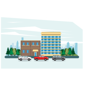 City Street with buildings, trees, and cars. - Middlesex Cash Homes