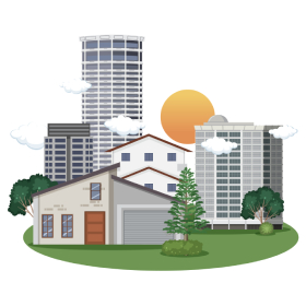 A mix of residential and commercial buildings with a sunset in the background. - Middlesex Cash Homes