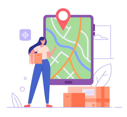 Woman holding a package next to a large map - Middlesex Cash Homes