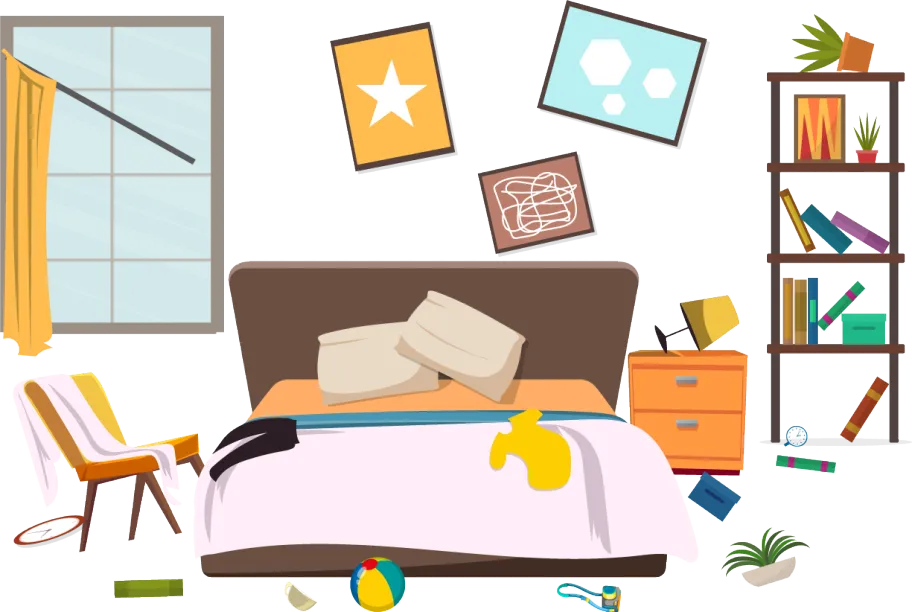 Messy bedroom and things in Boston, MA