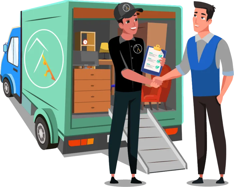 Two men shaking hands at the back of a truck loaded with home appliances