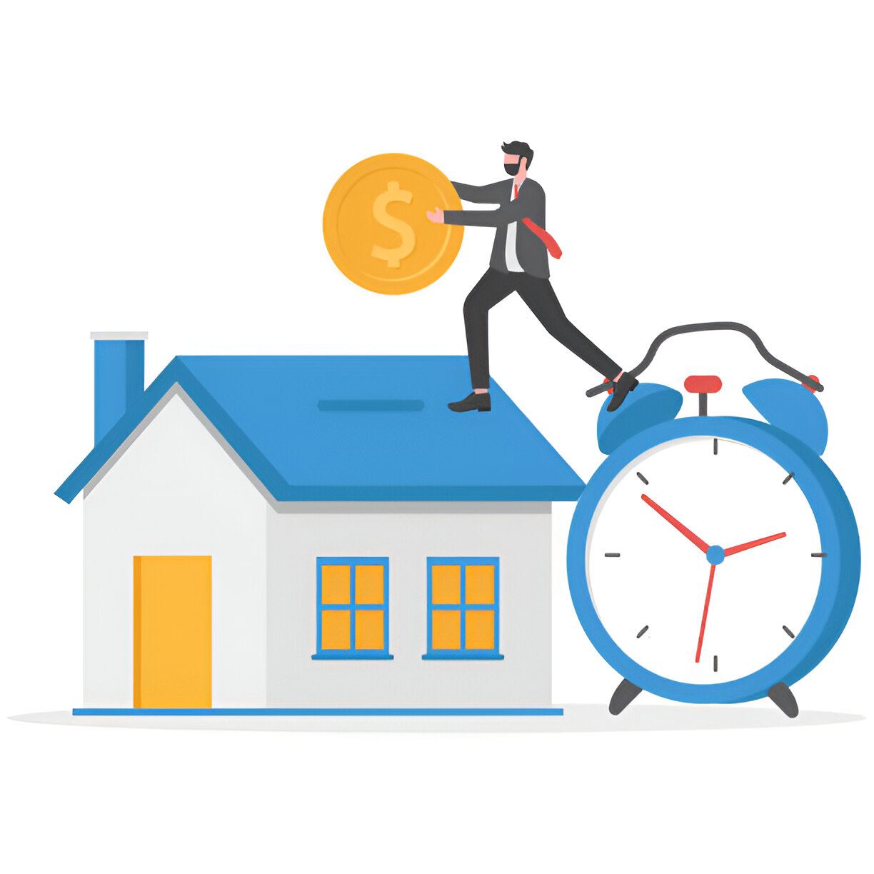 A businessman holding a coin, balancing on a house and clock. - Middlesex Cash Homes