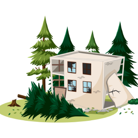 Collapsed building with broken windows.